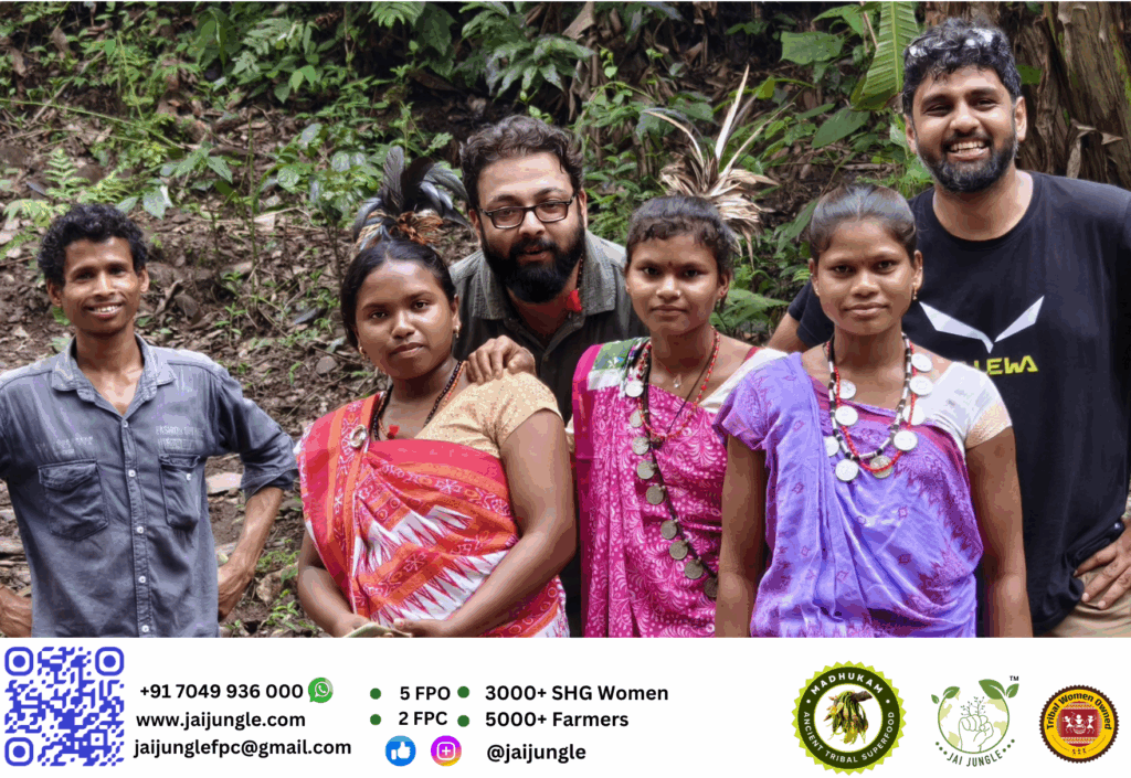 Jai Jungle Team with Gond tribal community members in the deep forests of Bastar, Chhattisgarh, highlighting Mahua traditions and tribal livelihoods.