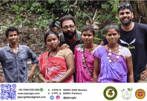 Jai Jungle Team with Gond tribal community members in the deep forests of Bastar, Chhattisgarh, highlighting Mahua traditions and tribal livelihoods.