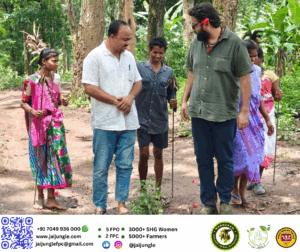 Gond tribal community in Bastar welcomes Jai Jungle team with traditional Mahua song during a village visit, celebrating culture and hospitality.