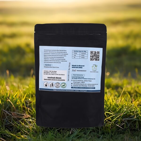 Back of Blue Pea Clove Tea Bag Pack – Jai Jungle Herbal Infusion Blend