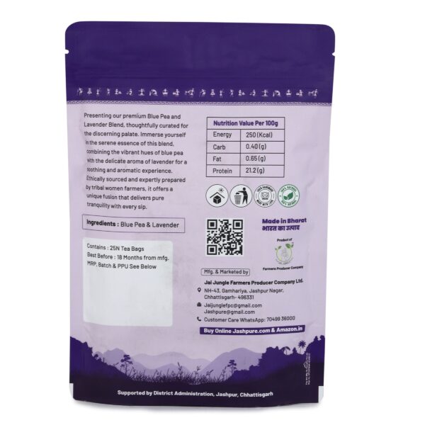 Blue Pea & Lavender Herbal Infusion Tea Bag Back Packaging – Jai Jungle