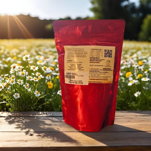 Back packaging of Jai Jungle Chamomile Loose Tea 50g showing product information, ingredients, and FSSAI license.