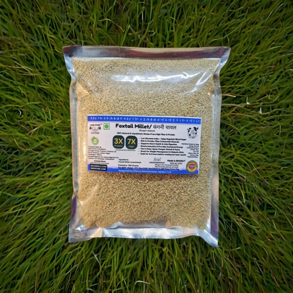Sealed pack of Jai Jungle Foxtail Millet (Kangni, Thinai, Korra) on grass surface