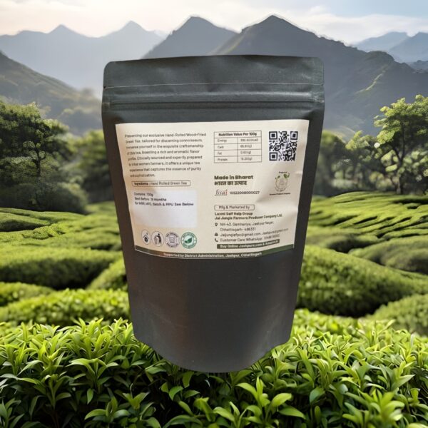 Back of Premium Green Tea Bag Pack – Jai Jungle Hand-Rolled & Wood-Fired Tribal Green Tea