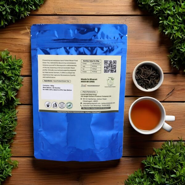 Back of Premium Green Tea Loose 100g Pack – Jai Jungle Hand-Rolled & Wood-Fired