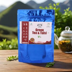 Green Tea Tulsi Blend Tea Bags – Jai Jungle Herbal Infusion, Front Packaging