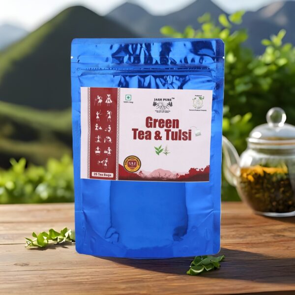 Green Tea Tulsi Blend Tea Bags – Jai Jungle Herbal Infusion, Front Packaging