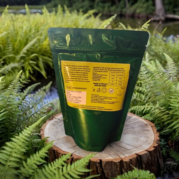 Back view of Jai Jungle Green Tea Tulsi Lemongrass loose tea 100g pack showing ingredients, nutrition, and eco-friendly tribal-made packaging.