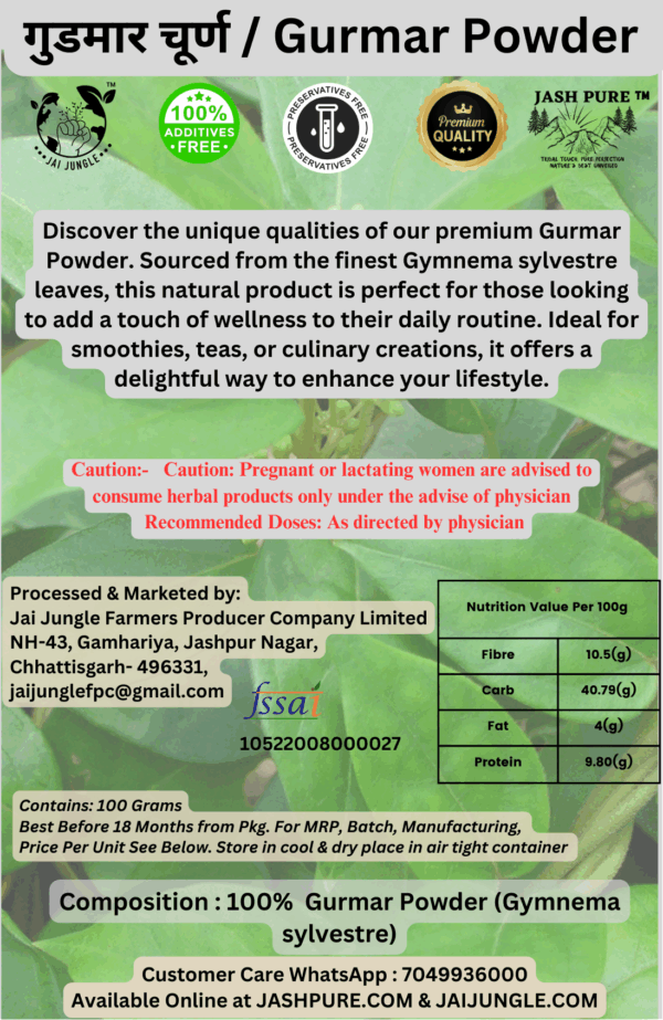 Jai Jungle Gurmar Powder 100g – shade-dried herbal powder from Jashpur