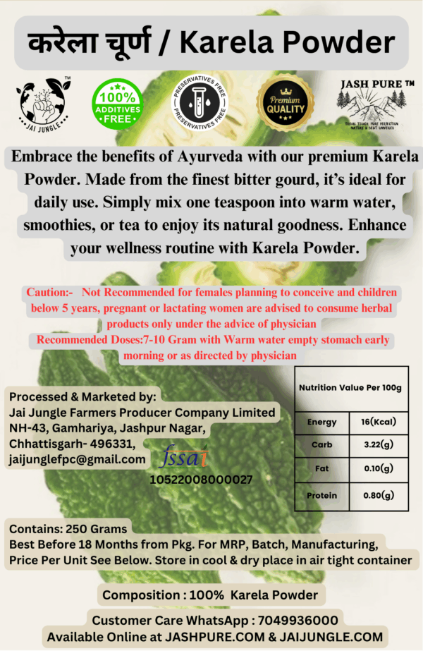 Jai Jungle Karela Powder 100g – shade-dried bitter gourd powder from Jashpur