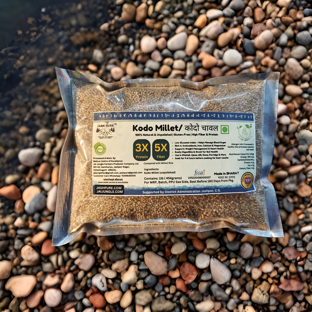 Pack of Kodo Millet (Kodon, Varagu, Harka) from Jai Jungle placed on natural stone background