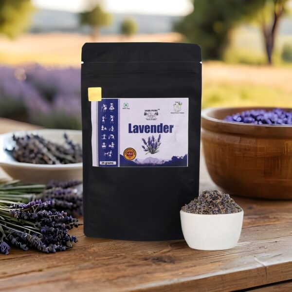 Lavender Buds Loose Tea 25g – Jai Jungle Shade-Dehydrated Herbal Infusion, Front Packaging