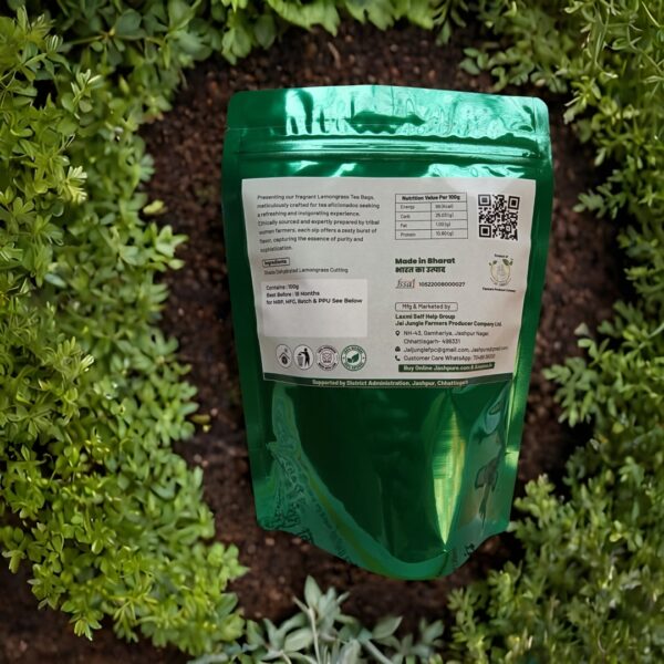 Back view of Shade-Dehydrated Lemongrass Tea 100g pack – herbal infusion by Jai Jungle, crafted by tribal women of Jashpur.