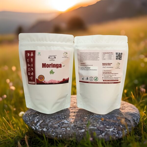 Moringa Tea Bags – Jai Jungle Herbal Superfood Infusion, Front & Back Packaging