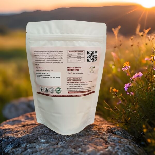 Back of Moringa Tea Bag Pack – Jai Jungle Shade-Dehydrated Herbal Tea