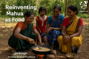Illustration showing tribal women and children in an Indian forest village preparing Mahua-based foods under Mahua trees — drying flowers on bamboo mats and cooking nectar over earthen stoves.