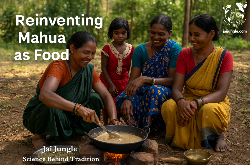 Illustration showing tribal women and children in an Indian forest village preparing Mahua-based foods under Mahua trees — drying flowers on bamboo mats and cooking nectar over earthen stoves.