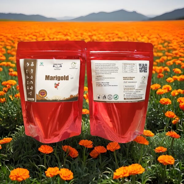 Marigold Tea Bags – Jai Jungle Herbal Infusion, Front & Back Packaging