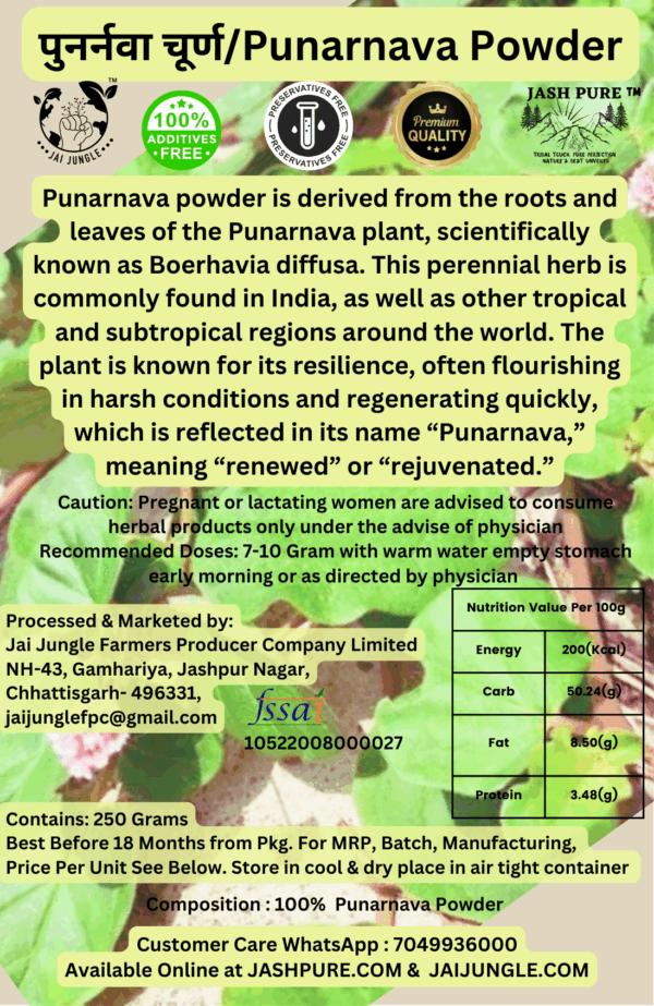 Jai Jungle Punarnava Powder 250g – herbal powder from tribal Jashpur, shade-dried and additive-free