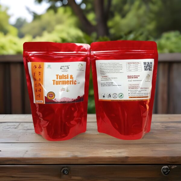 Tulsi & Turmeric Herbal Tea Pack – Front and Back View | Jai Jungle, Shade-Dehydrated, Tribal-Owned