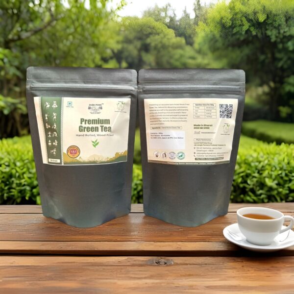 Premium Green Tea Bags – Jai Jungle, Hand-Rolled & Wood-Fired, Front and Back View