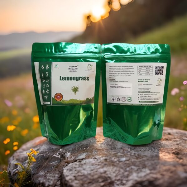 Shade-dehydrated Lemongrass Tea 100g pack – natural herbal infusion by Jai Jungle, made by tribal women of Jashpur.