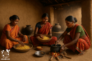 Tribal women in colorful sarees preparing Mahua-based traditional food inside a mud house kitchen, surrounded by clay stoves, earthen pots, and drying Mahua flowers — a glimpse of rural Indian culinary heritage.