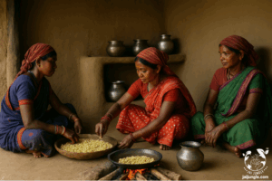 महिलाएँ मिट्टी के घर की रसोई में महुआ फूल से भोजन बनाती हुईं – परंपरागत भारतीय ग्रामीण दृश्य