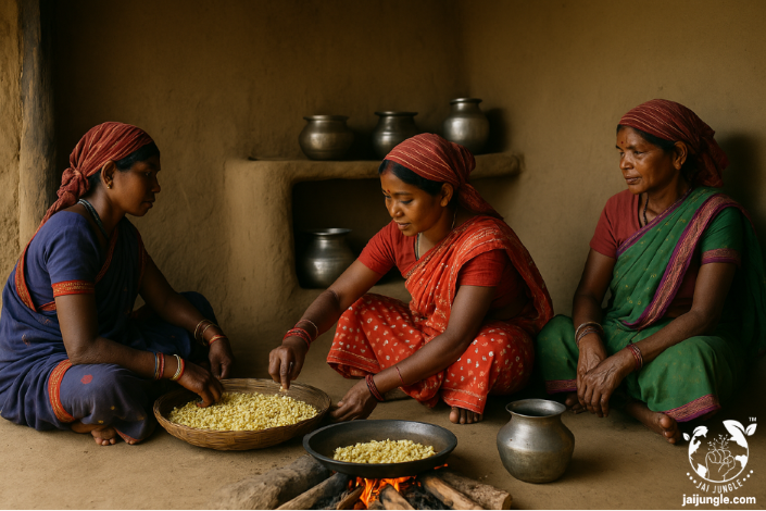 महिलाएँ मिट्टी के घर की रसोई में महुआ फूल से भोजन बनाती हुईं – परंपरागत भारतीय ग्रामीण दृश्य