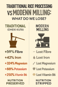 Infographic comparing traditional rice processing (Dheki Kuta) and modern milling. Traditional rice retains 59% more fibre, 42% more iron, 324% more magnesium, 88% more potassium, and 250% more Vitamin B6, while modern milling strips these nutrients.