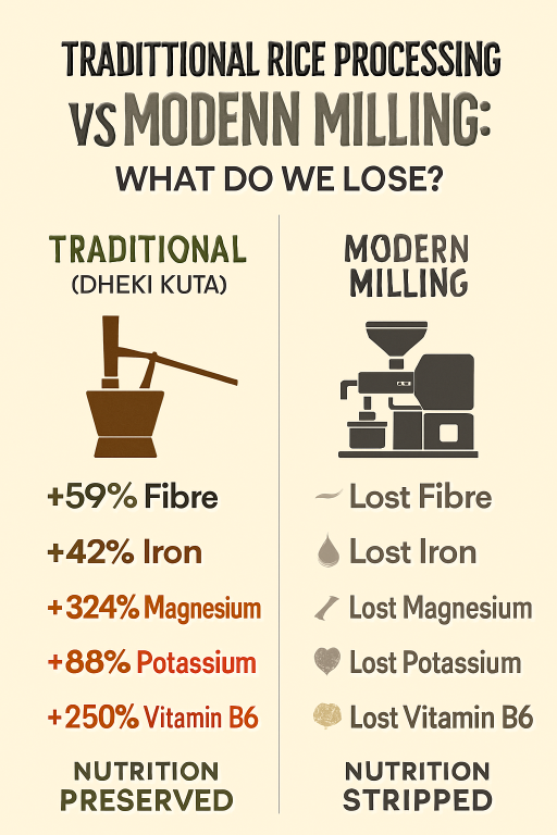 Infographic comparing traditional rice processing (Dheki Kuta) and modern milling. Traditional rice retains 59% more fibre, 42% more iron, 324% more magnesium, 88% more potassium, and 250% more Vitamin B6, while modern milling strips these nutrients.