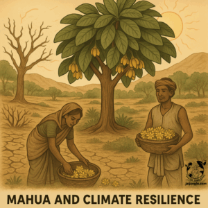Mahua trees thriving in a semi-arid landscape during drought, with villagers collecting flowers and cattle resting under shade—illustrating Mahua’s role in drought tolerance, climate resilience, and ecosystem adaptation.