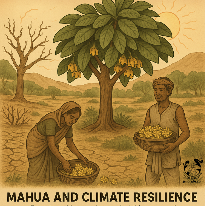 Mahua trees thriving in a semi-arid landscape during drought, with villagers collecting flowers and cattle resting under shade—illustrating Mahua’s role in drought tolerance, climate resilience, and ecosystem adaptation.