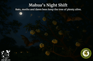 Mahua tree at night with fruit bats and moths visiting pale blossoms under moonlight; dark, smoke-free grove symbolising Mahua pollination in central India.