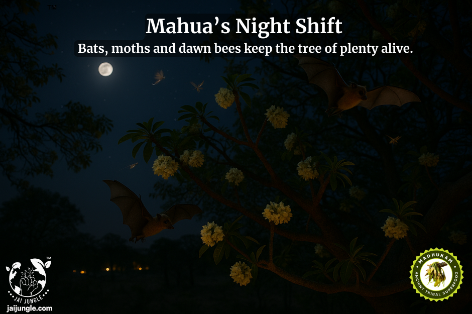 Mahua tree at night with fruit bats and moths visiting pale blossoms under moonlight; dark, smoke-free grove symbolising Mahua pollination in central India.