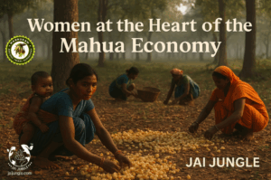 “Tribal women collecting Mahua flowers at dawn under tall forest trees — symbolizing women’s central role in the Mahua value chain and Jai Jungle’s empowerment model.”