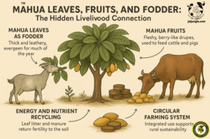 Mahua tree with goats and cows feeding on leaves and fruits, illustrating how Mahua leaves and fruits serve as livestock fodder and support circular farming systems in rural India.