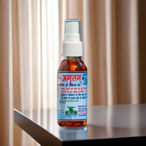Amritam Chemical-Free Pain Relief Essential Oil Blend by Jai Jungle – a natural oil spray made with Eucalyptus, Tulsi, Peppermint, Lemongrass, and Basil for joint and muscle pain relief.