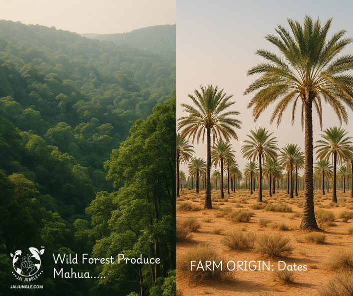 A cinematic split image showing a lush Indian forest with Mahua trees on one side and a desert landscape with date palms on the other, symbolizing Mahua vs Dates — the forest sweet versus the desert sweet.