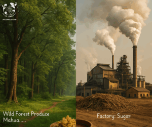 A cinematic split image showing contrast between a lush green Indian forest and an industrial sugar factory with chimneys and smoke, symbolizing natural Mahua sweetness versus processed sugar.