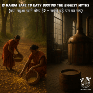 A cinematic split image showing tribal women collecting Mahua flowers in a sunlit forest on one side and an industrial brewery with metallic tanks on the other, symbolizing the contrast between edible forest Mahua and fermented liquor.