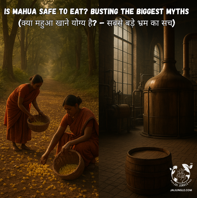 A cinematic split image showing tribal women collecting Mahua flowers in a sunlit forest on one side and an industrial brewery with metallic tanks on the other, symbolizing the contrast between edible forest Mahua and fermented liquor.